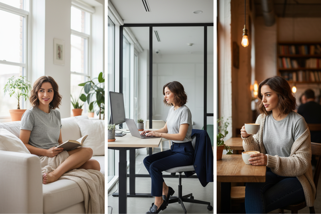 create an image of a girl wearing a tshirt and another section of her in office wearing same tshirt , another section at a cafe